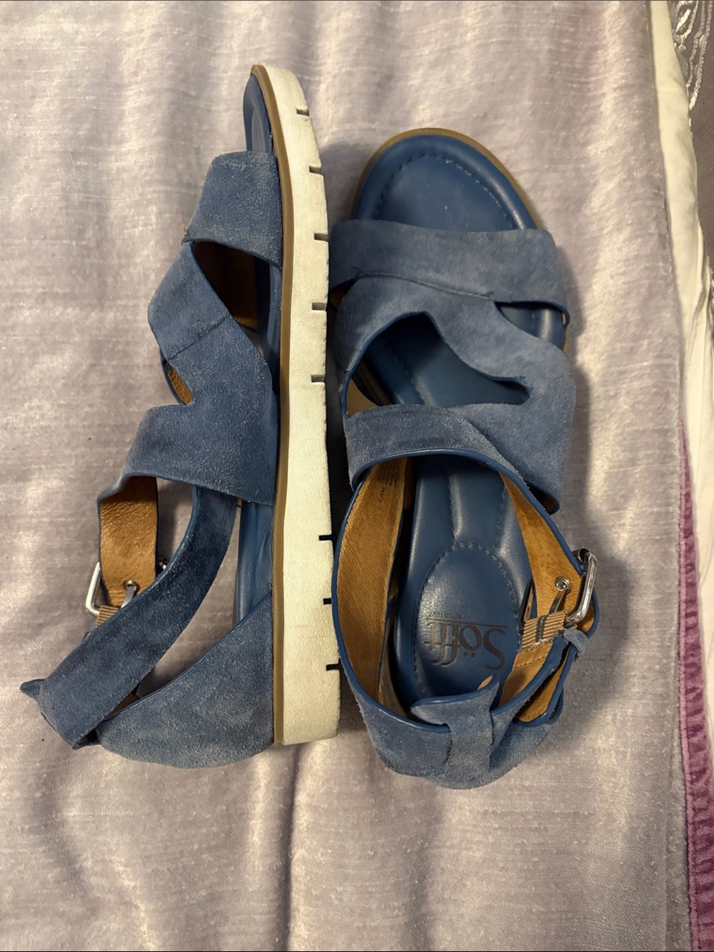 Sofft Blue Suede Cross-Strap Women's Sandals with White Sole